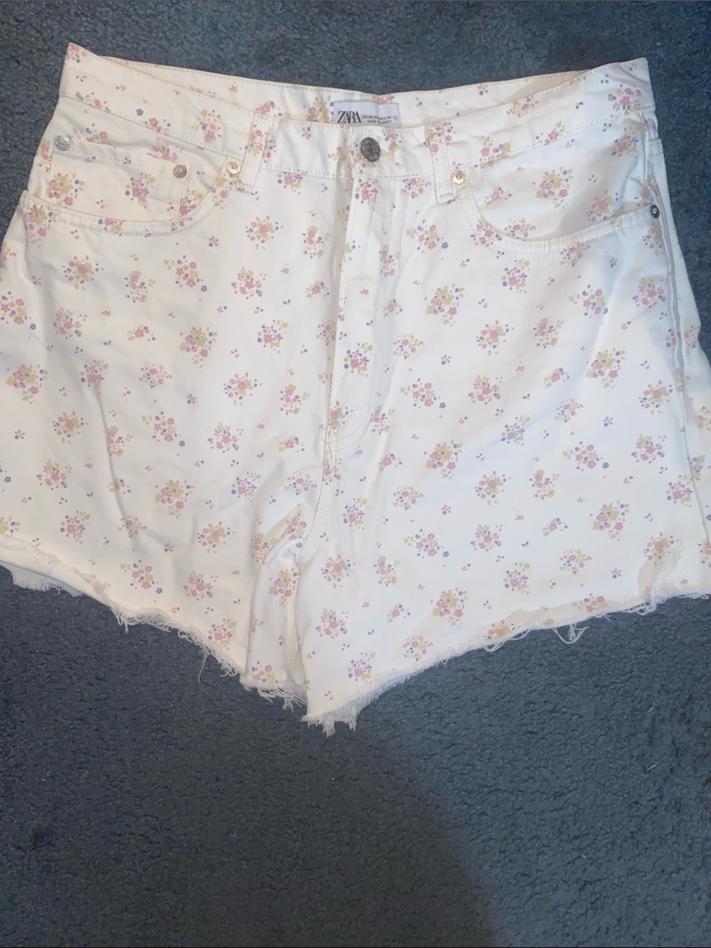 Zara White  Denim Floral Cutoff High Rise Shorts with Pink & Yellow Blossoms